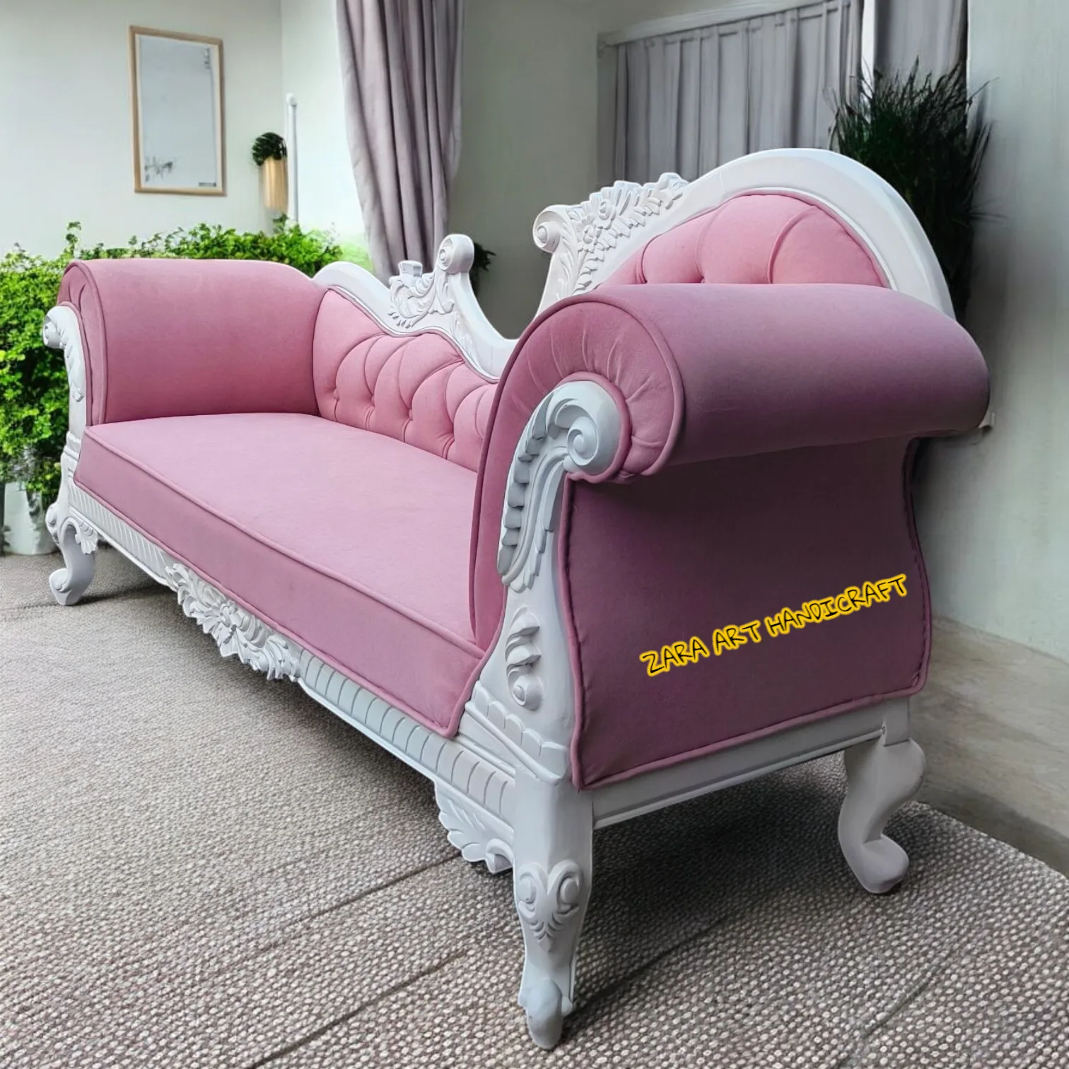 Royal Hand Carved Wooden Chaise Lounge Sofa - Image 2
