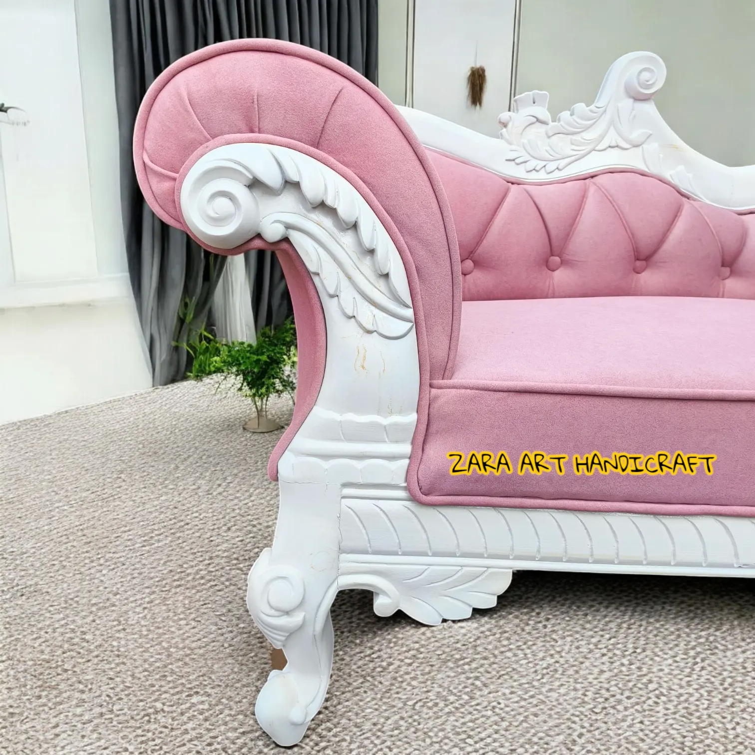 Royal Hand Carved Wooden Chaise Lounge Sofa - Image 3