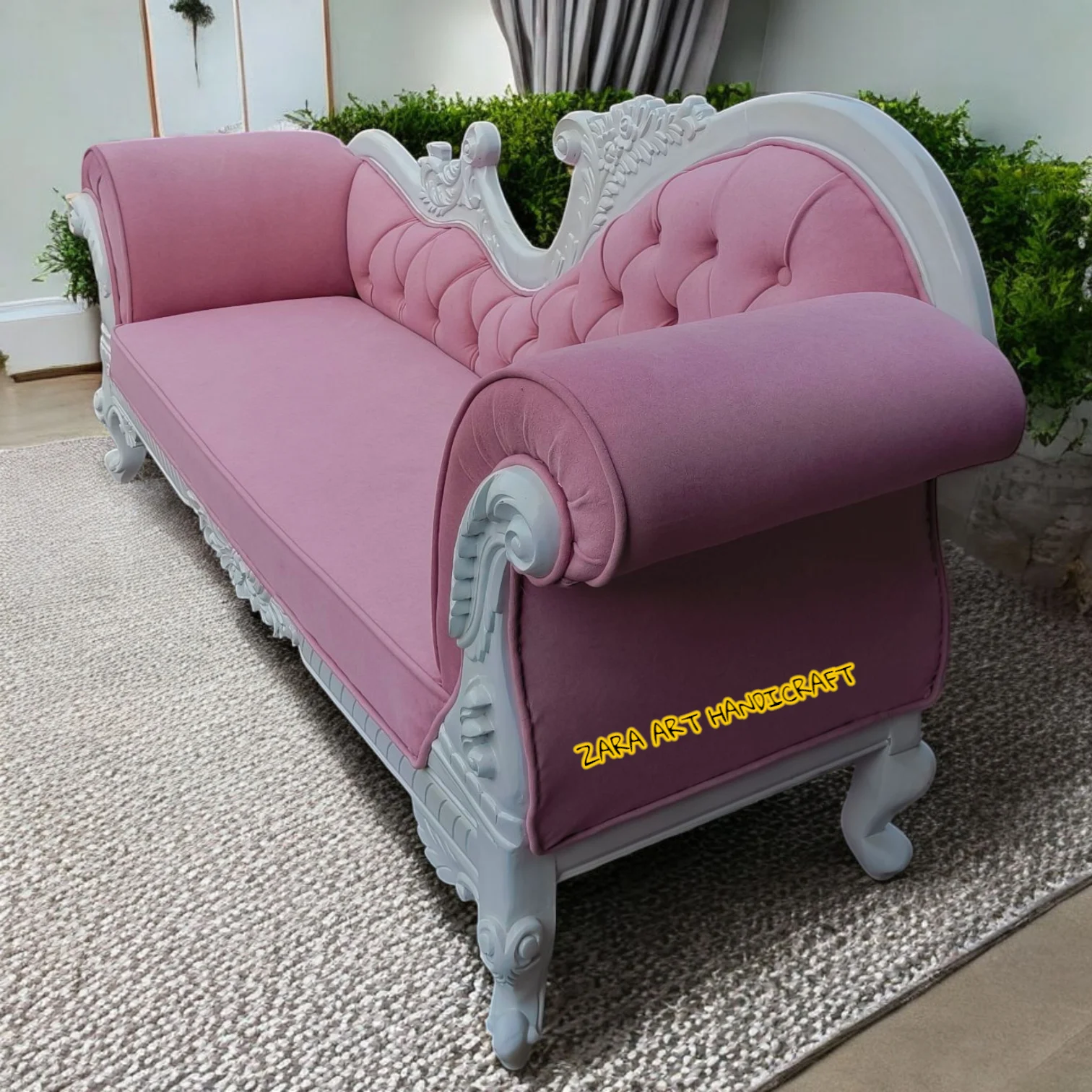 Royal Hand Carved Wooden Chaise Lounge Sofa - Image 4